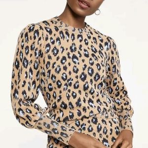 Ann Taylor Leopard Jacquard Print Puff Sleeve Sweater Maple Tan Sz XS